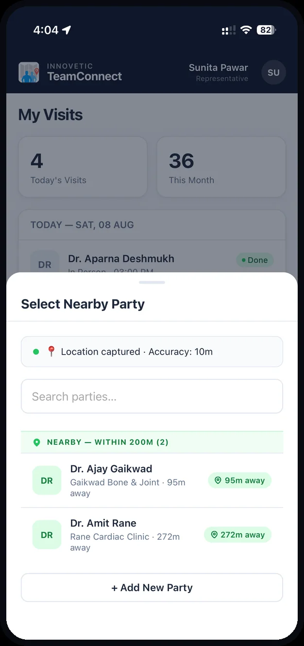 Nearby doctors listed automatically with distance from the representative